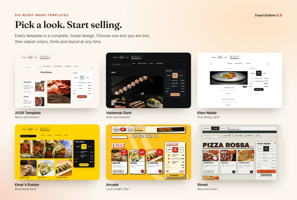 The six Food Online designs: 2026 Template, Valdemar Dark, Ellen Noble, Einar's Fusion, Arcade and Street