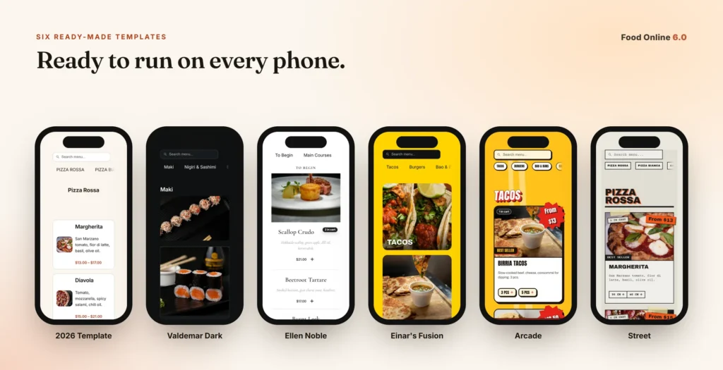 Three Food Online designs on a phone