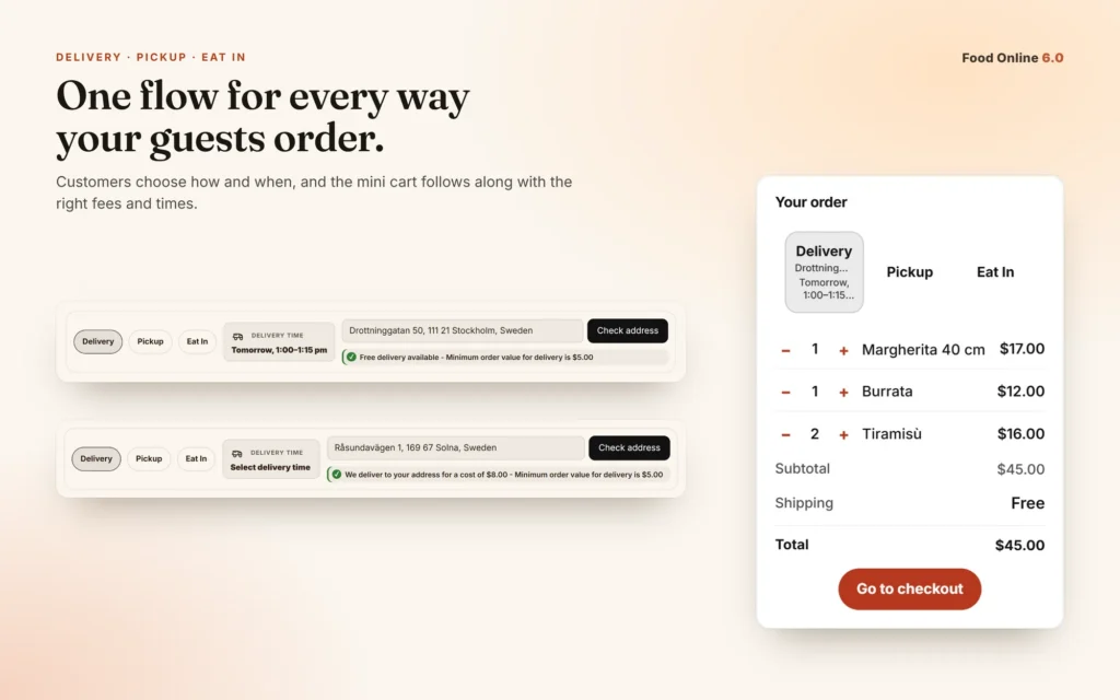 Delivery, pickup and eat in on the menu page, with fees in the mini cart