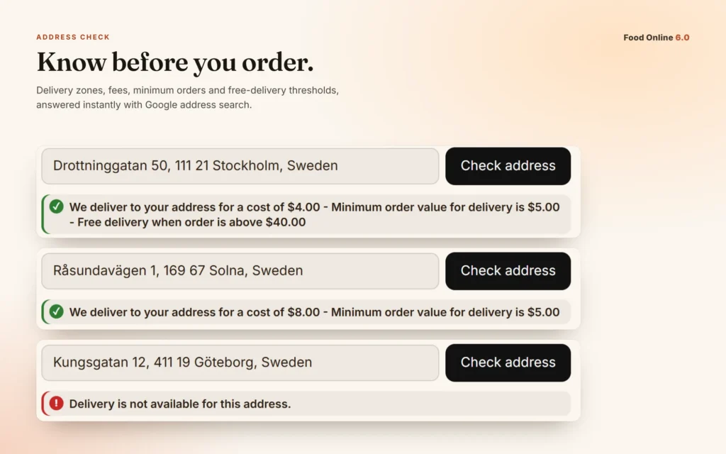 Address check results: delivery available, a price for the zone, or not available