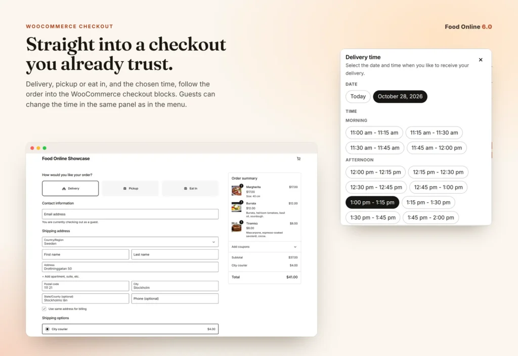 The WooCommerce checkout block with the mode and the chosen time