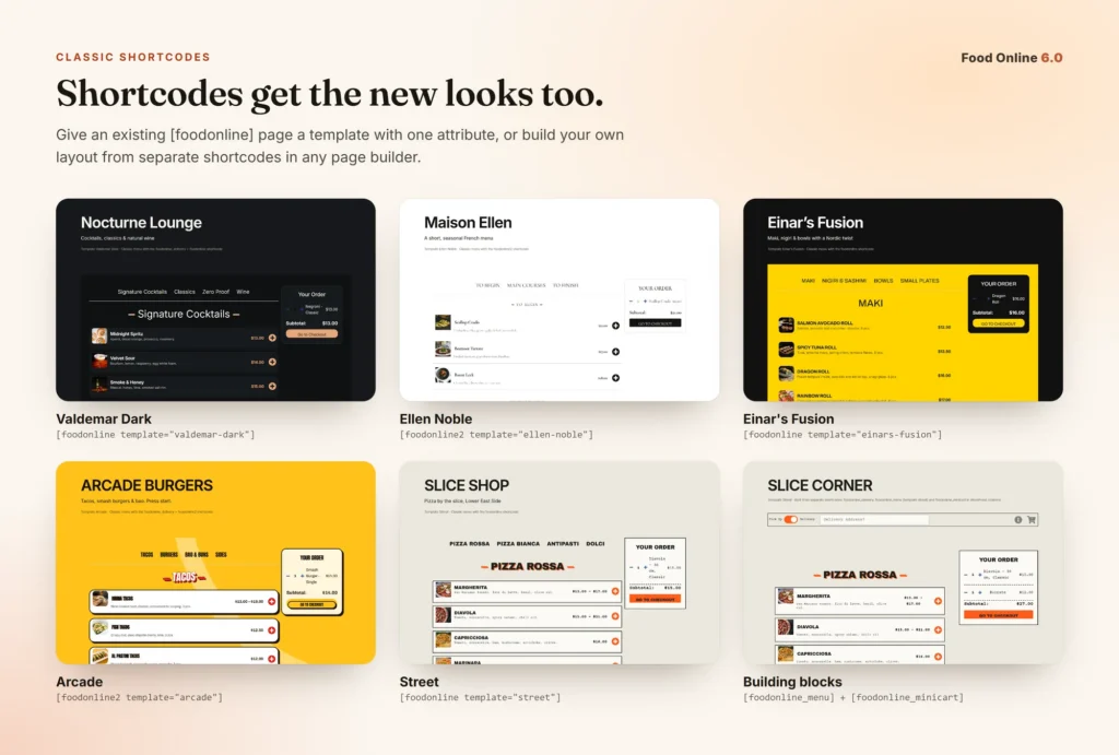 Classic Food Online shortcodes with the new designs