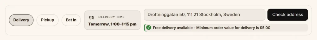 The order bar with Delivery, Pickup and Eat In, the delivery time and the checked address