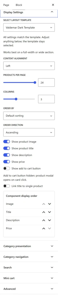 Choosing the Valdemar Dark design in the block settings