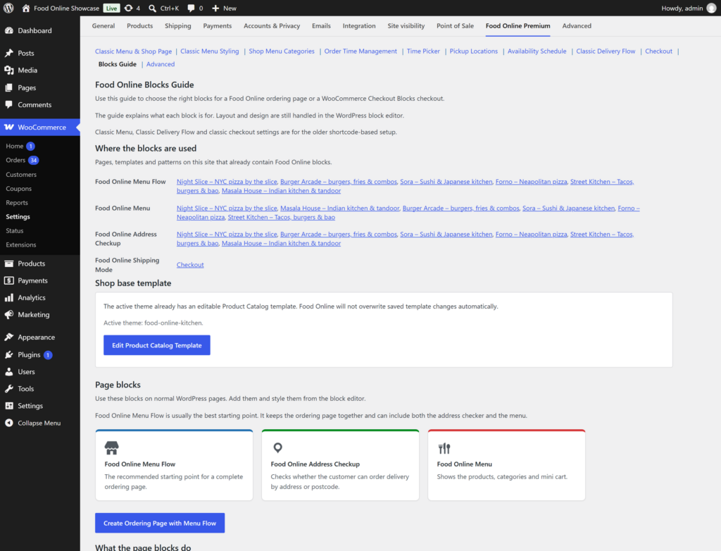 The Blocks Guide with the Create Ordering Page with Menu Flow button