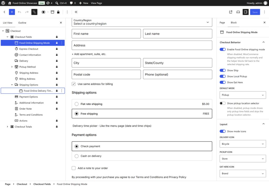 The Checkout block in the editor with Food Online Shipping Mode selected