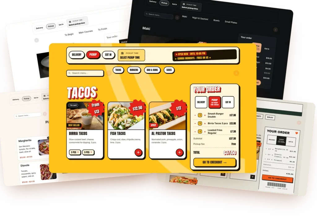Food Online menus in five of the six designs: Arcade in front, with Ellen Noble, Valdemar Dark, the 2026 Template and Street behind