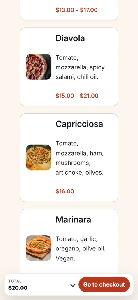 The menu on a phone with the total bar at the bottom