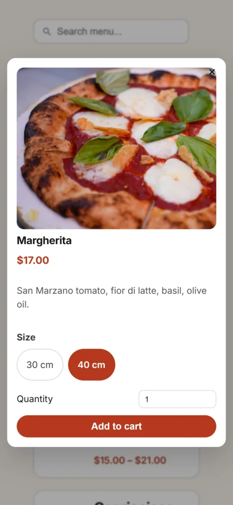 The product popup on a phone with size buttons