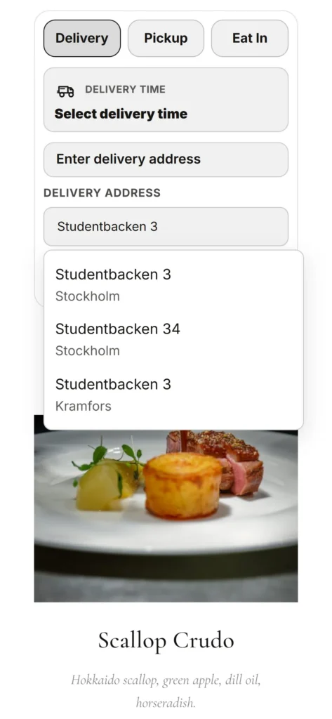 Delivery chosen on a phone, with address suggestions as the guest types