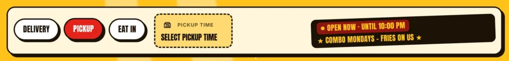 The order bar with opening hours and a message of your own