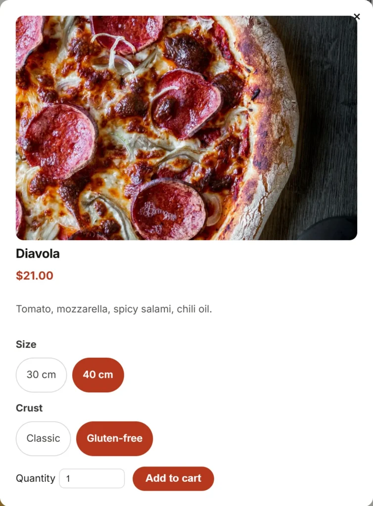 A product popup with size options and the price that follows the choice